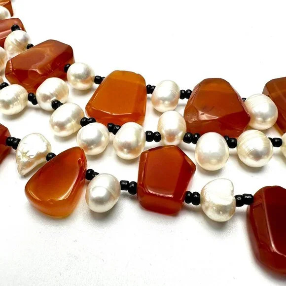 Vintage Three-Strand Carnelian & Cultured Pearl Necklace—Artisan Made — EUC